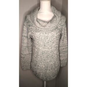 Anthro Guinevere Sweater SP Cowl Neck Green White Marbled Chunky Knit Cozy